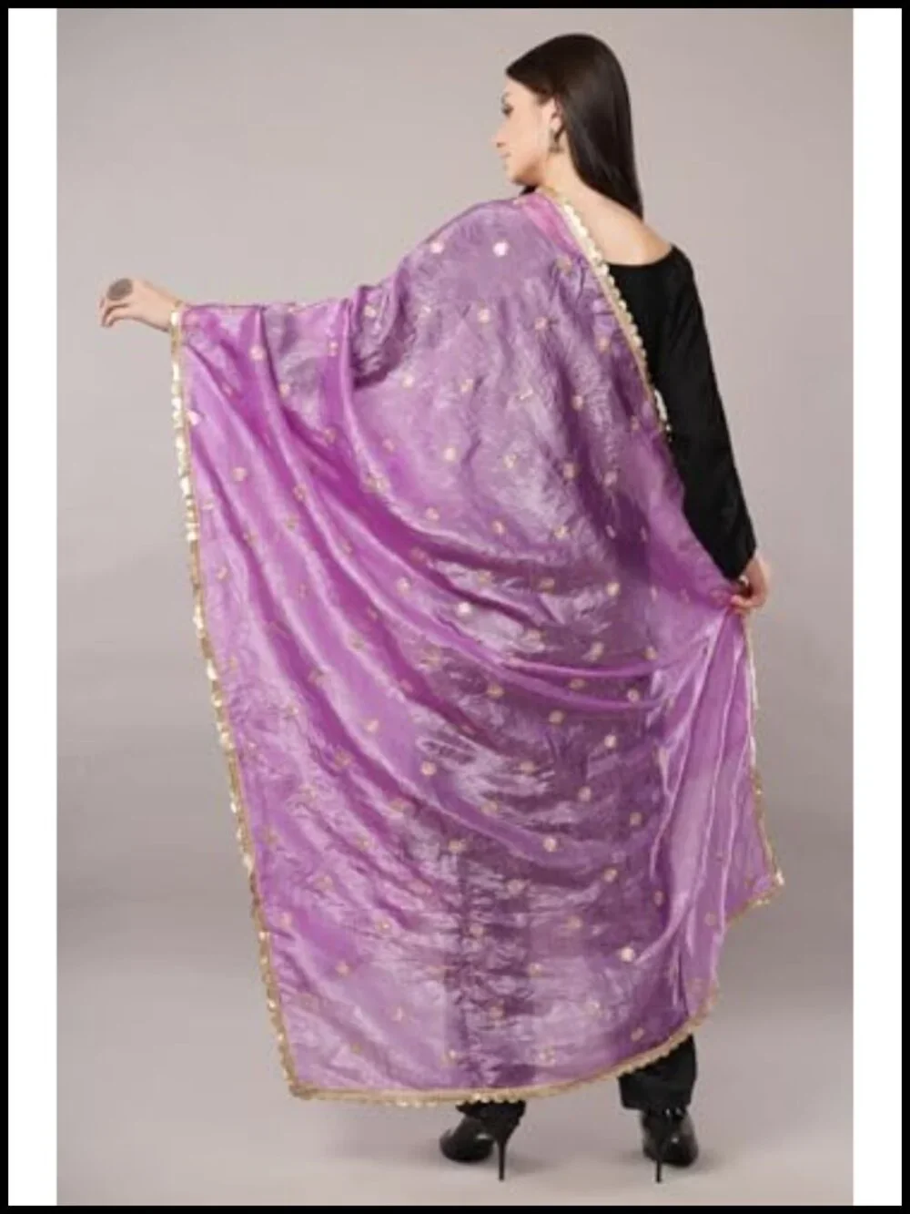 Art Silk Crush Dupatta, Lightweight Shawl Scarf Wrap with Gold Lace